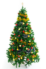 Composition of christmas tree with baubles and star decorations on white background
