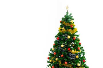Composition of christmas tree with decorations and copy space on white background