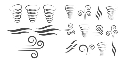 Wind icons nature, wave flowing, cool weather, climate and motion