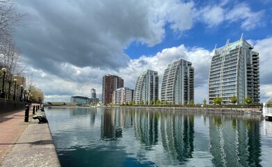 Modern architecture and landmark buildings in Salford Quays. 