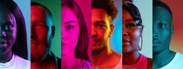 Close-up half face collage of an ethnically diverse young people isolated over multicolored background. - Powered by Adobe
