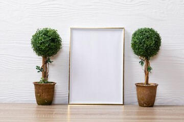 Composition of white card in frame with copy space and decorations on white background