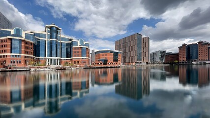 Modern architecture and landmark buildings in Salford Quays. 