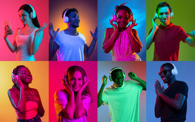 Collage of portraits of an ethnically diverse young people listening to music in headphones isolated over multicolored background.