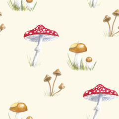 Seamless pattern watercolor mushrooms toadstool