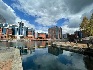 Modern architecture and landmark buildings in Salford Quays. 