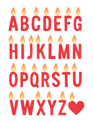 Watercolor illustration set of English alphabet as bright red birthday candles with cute candlelight. Hand painted water color drawing, isolated clip art elements for design, personal greeting card.