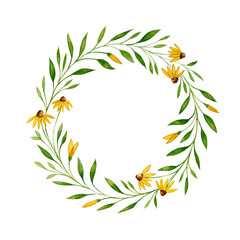 Naklejka premium Watercolor illustration of a green leaves and flower. Hand made character. Leaf isolated on white background. Watercolor hand-drawn illustration. Wedding decor. Wreath