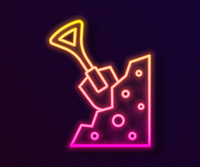 Glowing neon line Shovel and stone icon isolated on black background. Gardening tool. Tool for horticulture, agriculture, farming. Vector
