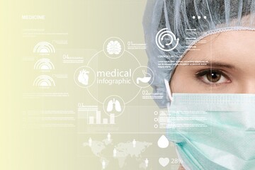 female scientist with face mask looking at data on a transparent digital screen