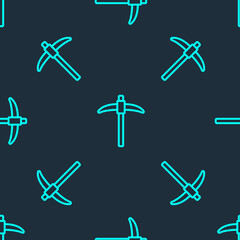 Green line Pickaxe icon isolated seamless pattern on blue background. Vector