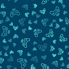 Green line Wireless gamepad icon isolated seamless pattern on blue background. Game controller. Vector © Kostiantyn