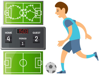 Fototapeta premium Running soccer player. Football cartoon player in blue jersey running with ball on playing field isolated man sport player sportsman in sports uniform. Guy plays football, kicks ball and scores goal