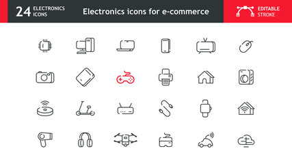 Electronics icons for e-commerce, icons like microprocessor, computers, pc, teleworking, smartphones, home automation, washing machine, etc. Collection of 24 stylized icons with editable stroke