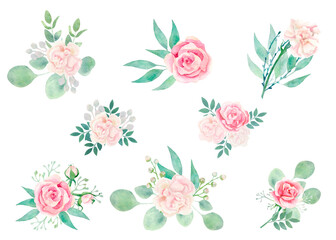 Watercolor isolated floral set of arrangements with roses, carnations and eucalyptus. Romantic collection with gentle pink flowers and greenery for logo, wedding, cards, prints and textile.