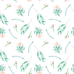 Watercolor seamless botanical pattern with eucalyptus and gentle pink carnations. Hand painted background with eucalyptus branches and  delicate flowers for prints, textile and wedding decoration. 
