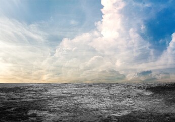 Wide Sunset Sky Clouds Background with Dark Empty Concrete Floor or desk
