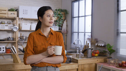 portrait pleasant beautiful asian lady enjoy drinking tea in her house and looking outside window in the tranquil and peaceful morning.