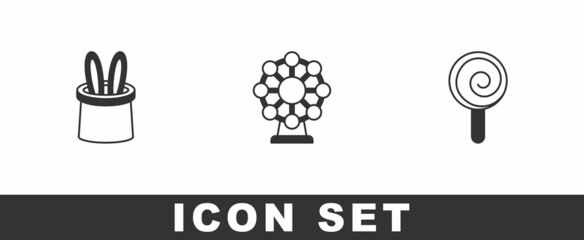 Set Magician hat and rabbit ears, Ferris wheel and Lollipop icon. Vector