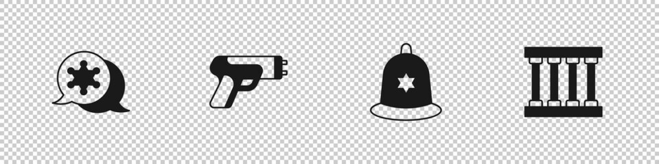 Set Hexagram sheriff, Police electric shocker, British police helmet and Prison window icon. Vector