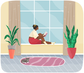 Obraz premium Young woman sitting on windowsill at home looking out window, relaxing reading book in evening. Female character rest in cozy interior. Spend time at home enjoy free time, dream, rest after work