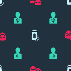 Set Comedy and tragedy masks, Sedative pills and Psychology, Psi on seamless pattern. Vector