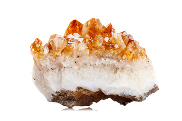 Macro mineral stone Citrine in rock in crystals on a white background