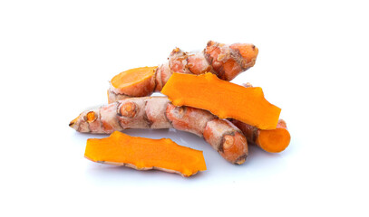 Close-up Turmeric (Curcuma longa Linn) rhizome (root) cutting isolated on white background.