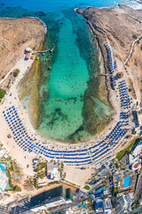Overhead view of Sandy Bay (Vathia Gonia) beach in Ayia Napa. Famagusta District, Cyprus