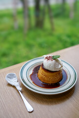 The custard pudding on the table