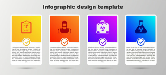 Set Radiation warning document, Nuclear reactor worker, nuclear suitcase and Test tube radiation. Business infographic template. Vector