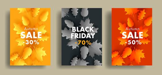 Set of autumn sale posters or flyers with fall leaves 3d illustration from center to the edges, different colors