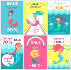 Summer sale with mermaid at sea. Advertising banner with underwater life of sea creature. Nixie on background of ocean with waves and sand with starfish. Seasonal closeout poster, discounts, hot price