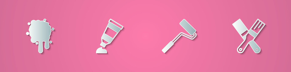 Set paper cut Paint spray, Tube with paint palette, roller brush and icon. Paper art style. Vector
