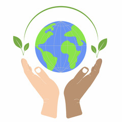 Save planet concept with hands holding globe. Isolated on white background. Vector illustration