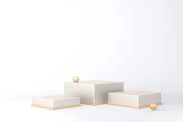 Gold square pedestal or podium with pearls on white background for product demonstration.  3D rendering.