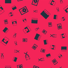 Set Director movie chair, CD disk award in frame, Cinema and auditorium with screen on seamless pattern. Vector