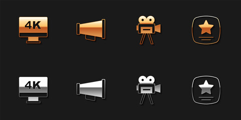 Set Screen tv with 4k, Megaphone, Retro cinema camera and Walk of fame star icon. Vector