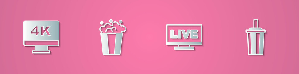 Set paper cut Screen tv with 4k, Popcorn in cardboard box, Live stream and Paper glass water icon. Paper art style. Vector