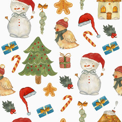 Watercolor pattern Christmas tree with a bag of gifts, snowman, bird, gingerbread, house, Santa Claus hat on a white background. Hand-drawn and suitable for all types of design and printing.