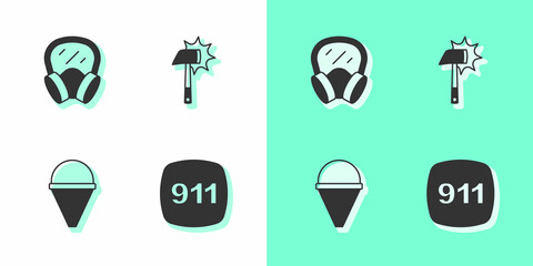Set Emergency call 911, Gas mask, Fire cone bucket and Firefighter axe icon. Vector
