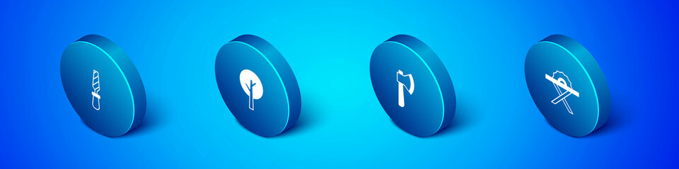 Set Isometric Rasp metal file, Wooden axe, Electric circular saw and Tree icon. Vector