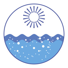 Round marine logo. Sun with rays shines over sea. Blue ocean waves lapping. Waves carry away sadness. Air bubbles rise up through water. Sea waiting for you. Blue and white icon for navigation theme.