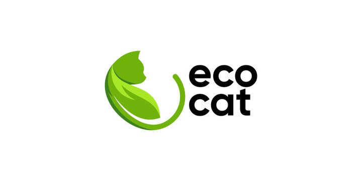 Cat with leaf, eco cat logo design template