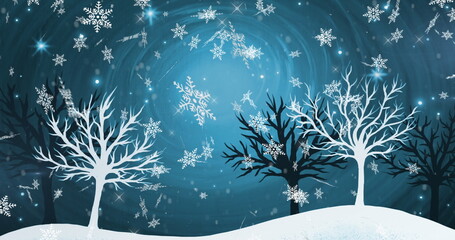 Image of snow falling over trees on glowing blue background
