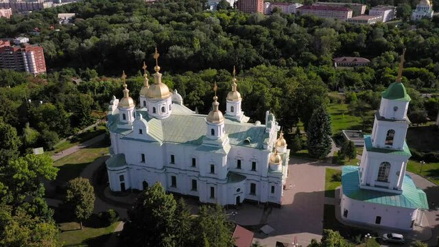 Aerial view to The Assumption Cathedral and his bell tower in Poltava