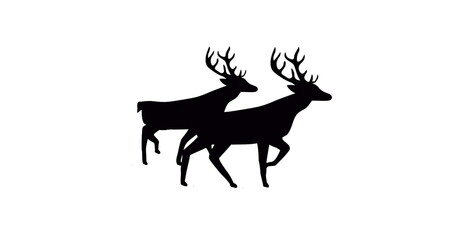 Obraz premium Image of black silhouette of two reindeer walking on white background