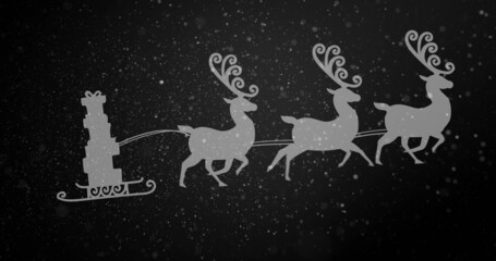 Digital image of snow falling over silhouette of christmas gifts in sleigh