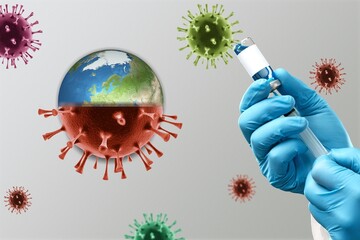 Hand in gloves holding syringe and vaccine for covid-19 of new corona virus and virus icon