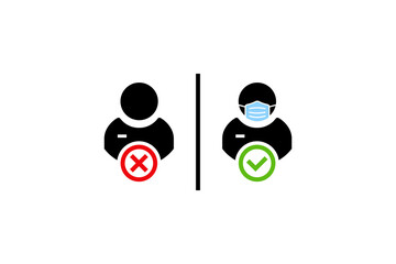 Face mask required warning prevention sign. Human profile silhouette with face mask in rounded rectangular frame